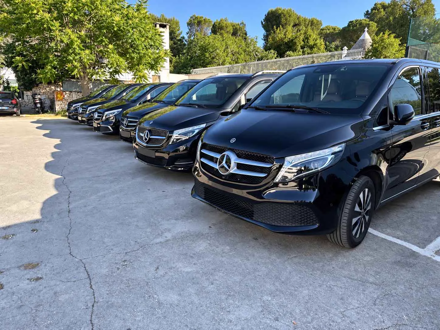 Flotta di Mercedes Classe V nere schierata all'aperto