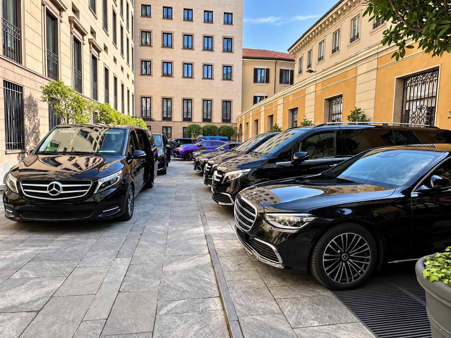 Flotta di Mercedes nere schierata nel centro città