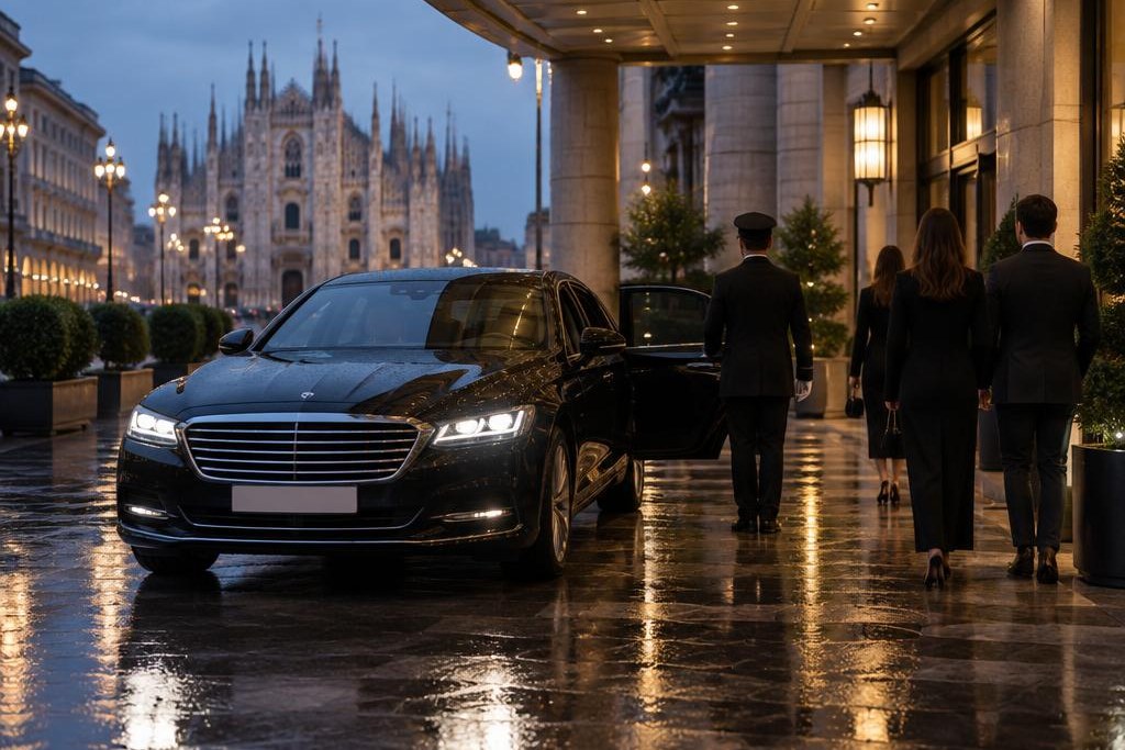 Vettura scura all'ingresso di un evento serale a Milano