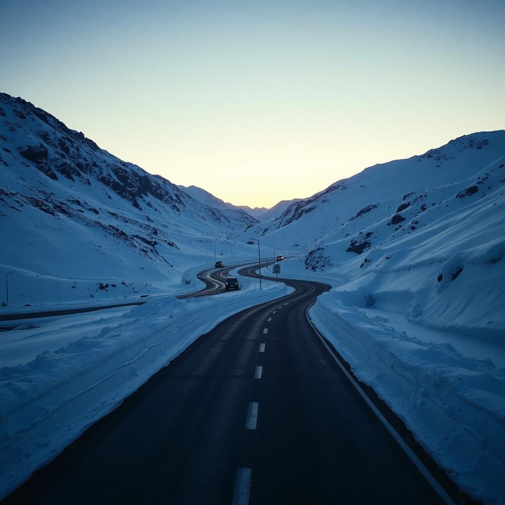 Vettura 4x4 scura su strada di montagna innevata