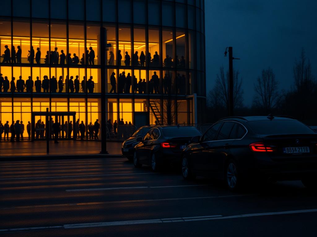 Vetture scure davanti a un centro congressi illuminato