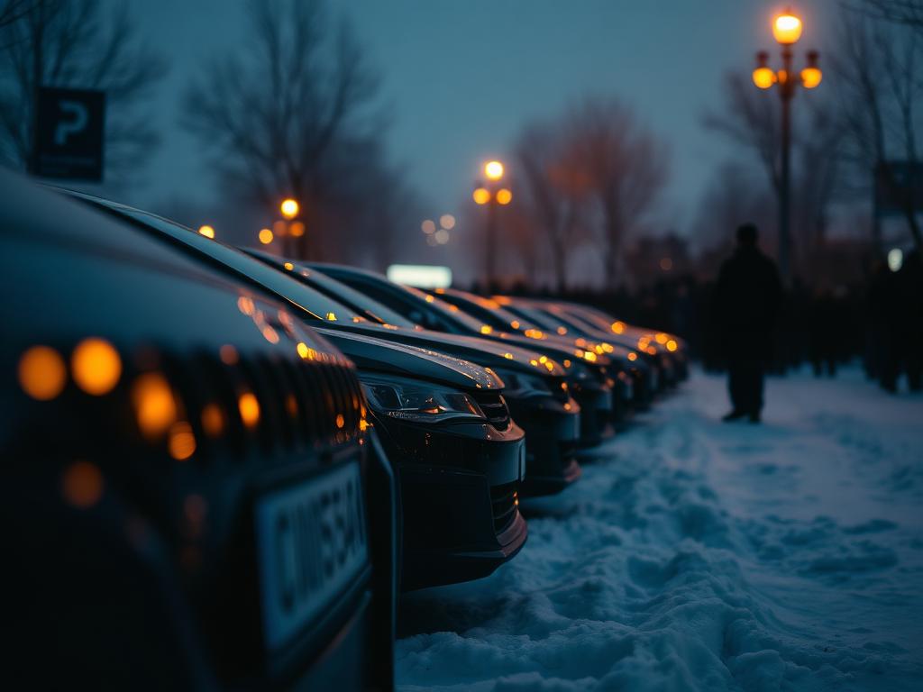 Vetture scure in fila sulla neve dopo un evento sportivo