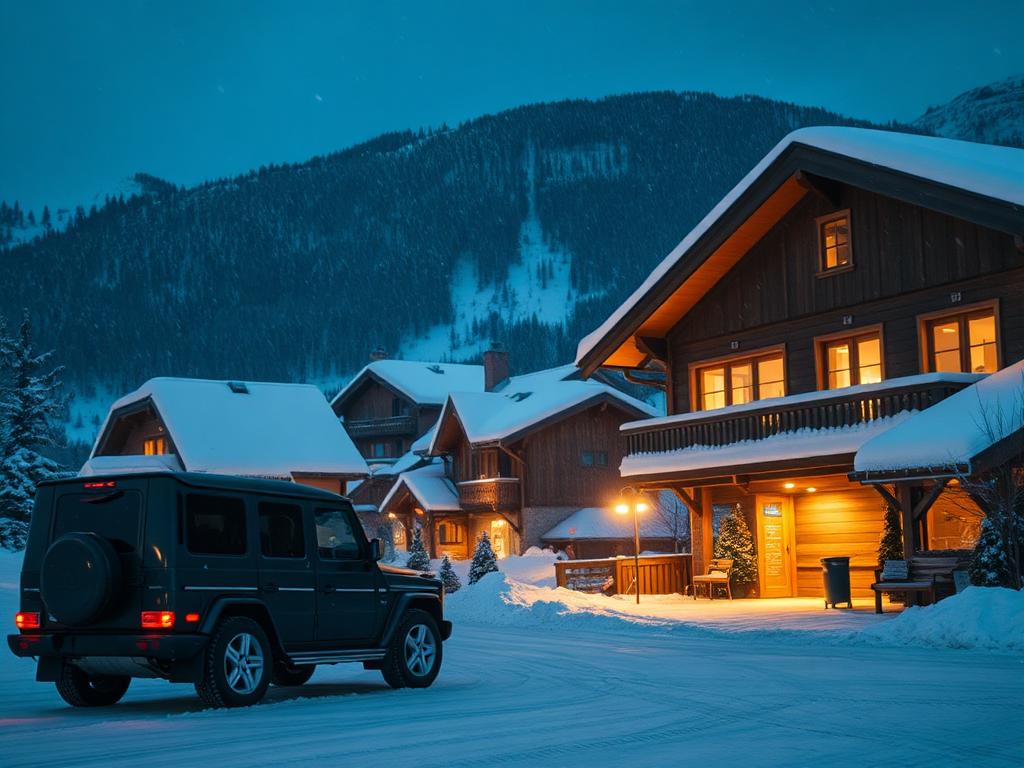 4x4 scuro in un villaggio alpino innevato la sera