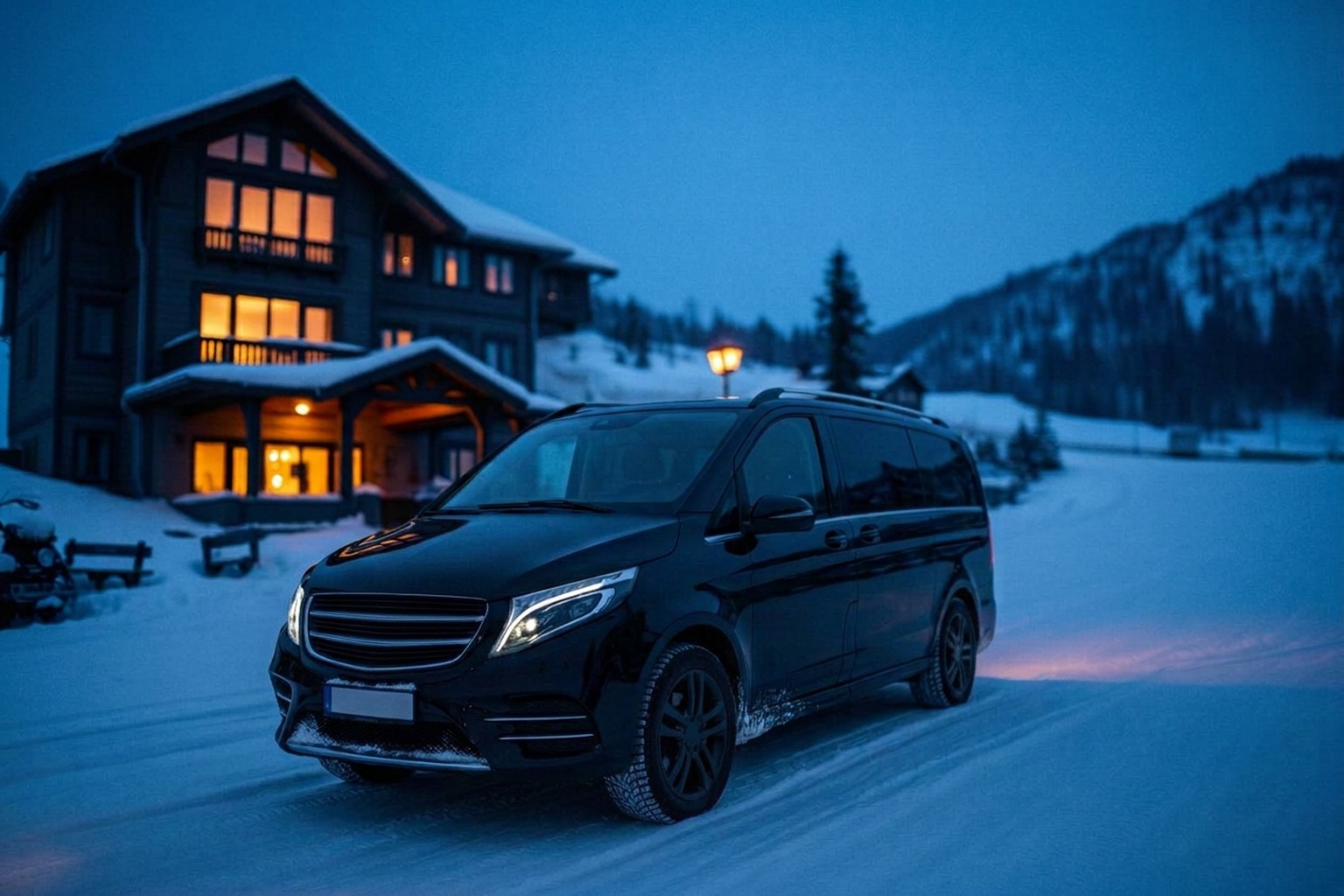 4x4 scuro su strada alpina innevata al crepuscolo